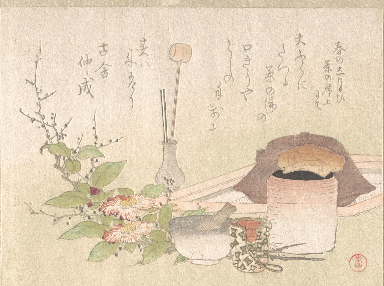 Japonská grafika: čajová miska s metličkou, čajnička a kvitnúca kamélia